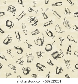 Set of different hand drawn beverages. Seamless background. Vector illustration.