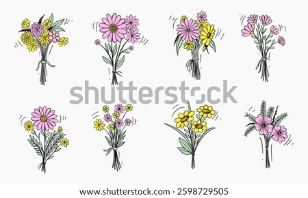 Set of different hand drawn bouquets with varying types and colors of flowers.