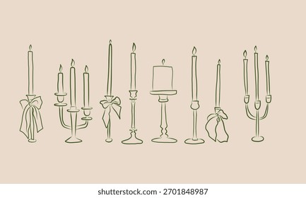 Conjunto de diferentes velas elegantes de giz desenhado à mão com arco e fita. Perfeito para cartões de saudação, cartazes, convites e decorações de férias no estilo vintage doodle.