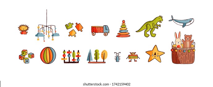 Set of different hand drawn childish toy vector flat illustration. Collection of various element for kids entertainment and educational games isolated on white. Playthings for baby development