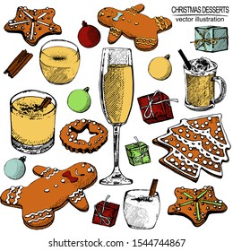 Set of different hand drawn Christmas and winter drinks and sweets:  eggnog, cinnamon, cookies, Christmas decorations, glass of champagne. Elements isolated on white. 