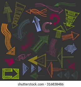 Set of different hand drawn color doodle arrows.Vector illustration.