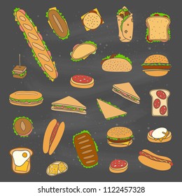 Set of different hand drawn colored sandwiches and burgers isolated on chalkboard background.
