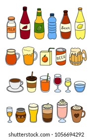 Set of different hand drawn colorful liquid drinks isolated on white background.