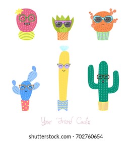 Set of different hand drawn colorful cacti of in pots, wearing glasses, with text Your friend cactus. Isolated objects on white background. Design concept for poster, postcard, stickers.