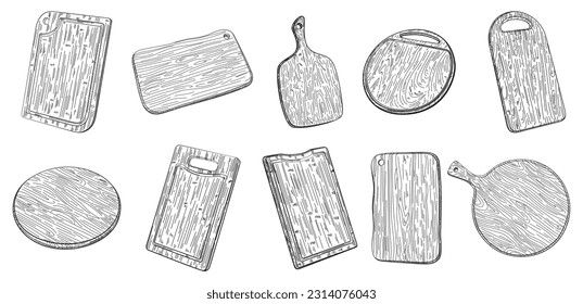 Set of different hand drawn cutting wooden boards with handle. Pizza barbecue and serving boards collection. Kitchen utensils sketch. Engraving style. Vintage vector illustration.