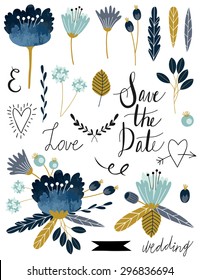 Set of different hand drawn design elements with flowers and lettering. Quote. Save the date design.