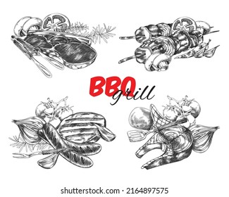 Set of different hand drawn dishes cooking on grill sketch style, vector illustration isolated on white background. Monochrome meat, mushrooms and vegetables, tools for barbecue, text