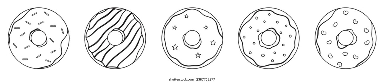Set of different hand drawn donuts. Linear illustration in doodle style. Vector illustration