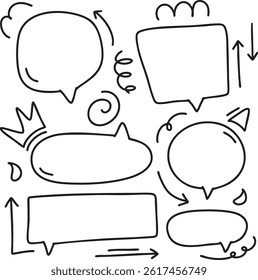 set different hand drawn element. Collection of arrows, crowns, circles, doodles and bubble on white background. Vector graphic design