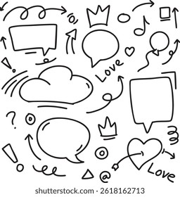 Establecer diferentes elementos dibujados a mano. Colección de flechas, coronas, círculos, garabatos y burbujas sobre fondo blanco. Diseño gráfico de Vector