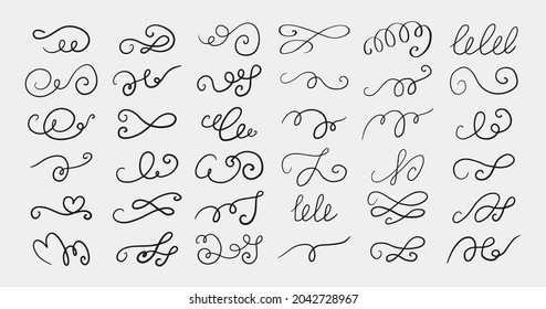 Set of different hand drawn flourish swirl ornate decoration elements. Decorative black ink pen curled lines collection.