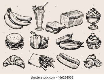 Set of different hand drawn food. Milkshake, ice cream, hamburger, cupcake, french fries, hot dog, bread, tomatoes, bananas, croissant Isolated. Vector illustration for menu, ads, packaging, banners.