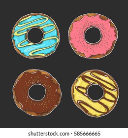 Set of different hand drawn glazed colored donuts on black. Sketch. Vector 