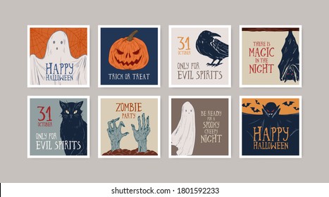 Set of different hand drawn Halloween greeting cards vector illustration. Collection of postcards with symbols and lettering congratulation to All saints day isolated. Autumn seasonal holiday