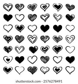 Set of different hand drawn heart illustration, black on white. Vector symbol icon set. Stock vector illustration for your design.