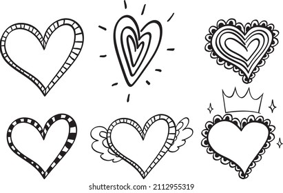Set of different hand drawn hearts illustration