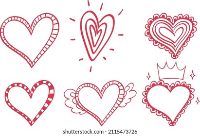 Conjunto de diferentes ilustraciones de corazones dibujados a mano