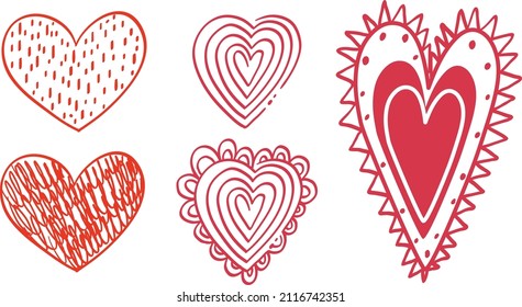 Conjunto de diferentes ilustraciones de corazones dibujados a mano