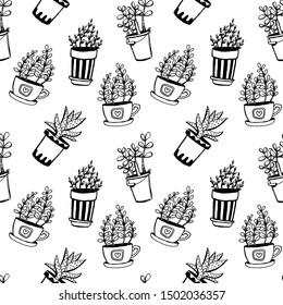 Set of different hand drawn house plants in pots. Isolated decorative plants: aloe, crassula, flower for design template, icon, gift card. Sketch style vector illustration.