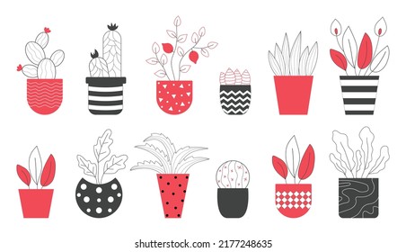 Set of different hand drawn house plants in pots. Isolated decorative plants: cactus, aloe, flower for your design template, icon, gift card. Sketch style vector illustration