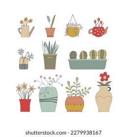 Set von verschiedenen handgezeichneten Hauspflanzen. Blumen in Töpfen, die auf weißem Hintergrund gemalt werden. Blume für Ihre Design-Vorlage, Symbol. Handgezeichnet. Flaches Design. Vektorgrafik.