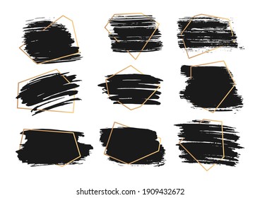Set of different hand drawn ink brush strokes with gold frame. Stamp label for artistic design. Grunge texture, dirty banners and text boxes. Abstract lines black paint. Isolated vector illustration