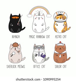 Set of different hand drawn kawaii cats, ninja, unicorn, astronaut, detective, office worker, sailor. Isolated objects on white background. Line drawing. Vector illustration. Design concept kids print