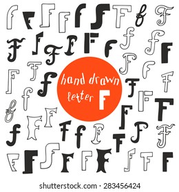 Set of different hand drawn letter F. Logo,emblems or icons design template elements. Set of alphabet symbols. Vector illustration