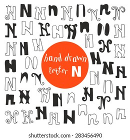 Set of different hand drawn letter N. Logo,emblems or icons design template elements. Set of alphabet symbols. Vector illustration