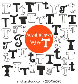 Set of different hand drawn letter T. Logo,emblems or icons design template elements. Set of alphabet symbols. Vector illustration