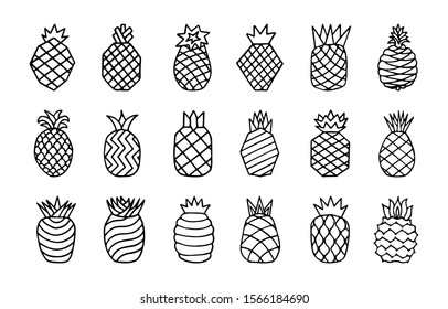Set different hand drawn monochrome icons of pineapple fruit with leaf isolated on white background. Tropical fruit silhouette collection. Simple minimal doodle sketch. Vector illustration