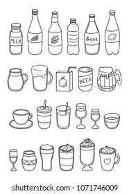 Set of different hand drawn outline liquid drinks isolated on white background.