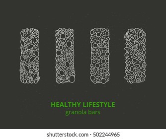 Set of different hand drawn outline granola bars isolated on the blackboard.