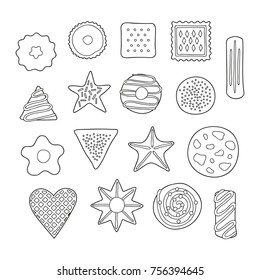 Set of different hand drawn outline cookies with chocolate and jelly isolated on white background. Top view.