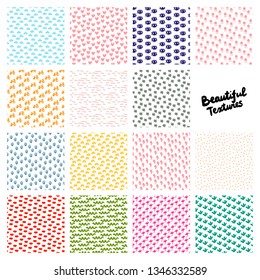 Set of different hand drawn patterns with small decorative elements hearts clouds plants dots eyes