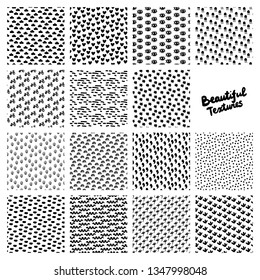 Set of different hand drawn patterns with small decorative elements minimalism in black and white colors