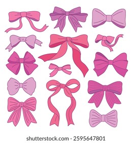 Set of different hand drawn pink ribbon bows. Hand drawn outline bow ties, simple minimalist coquette vector illustration collection.