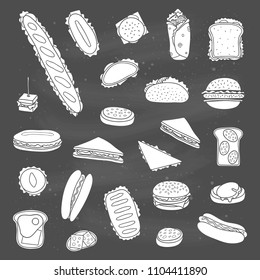 Set of different hand drawn sandwiches and burgers isolated on the blackboard.