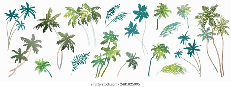 Set of different hand drawn sketch palm tree and palm leaf isolated on white background. Abstract silhouette of tropical plants. Vector illustration clipart