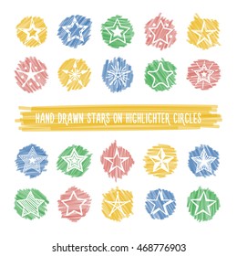 Set of different hand drawn stars on colorful bright highlight spots. Vector icons collection of marker circles with sketches of elements.