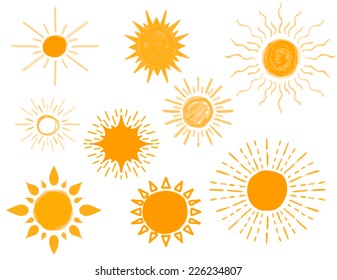 Set Of Different Hand Drawn Sun Sketch, Vector Illustration