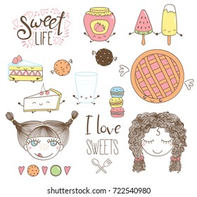 Set of different hand drawn sweet food doodles, with kawaii cartoon faces, wings, arms and legs, girl faces, typography elements. Isolated objects on white background. Design concept dessert, kids.