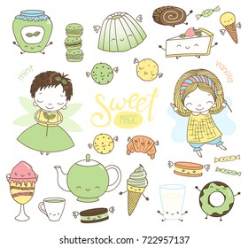 Set of different hand drawn sweet food doodles, with kawaii cartoon faces, arms, legs, cute fairy girls with wings and magic wands. Isolated objects on white background. Design concept dessert, kids.