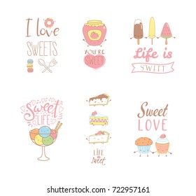 Set of different hand drawn sweet food doodles, with kawaii cartoon faces, typography elements. Isolated objects on white background. Design concept dessert, kids, greeting card, motivational poster.