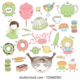 Set of different hand drawn sweet food doodles, with kawaii cartoon faces, girl head, cute fairy girls with wings and magic wands. Isolated objects on white background. Design concept dessert, kids.