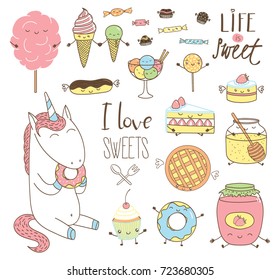 Set of different hand drawn sweet food doodles, with kawaii cartoon faces, wings, arms and legs, unicorn eating donut, typography. Isolated objects on white background. Design concept dessert, kids.