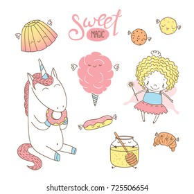 Set of different hand drawn sweet food doodles, with kawaii cartoon faces, cute fairy girl, unicorn eating donut, typography. Isolated objects on white background. Design concept dessert, kids.