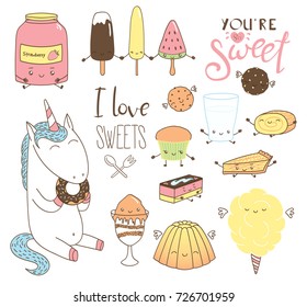 Set of different hand drawn sweet food doodles, with kawaii cartoon faces, wings, arms and legs, unicorn eating donut, typography. Isolated objects on white background. Design concept dessert, kids.