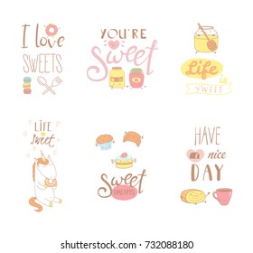 Set of different hand drawn sweet food doodles, with kawaii cartoon faces, typography elements. Isolated objects on white background. Design concept dessert, kids, greeting card, motivational poster.